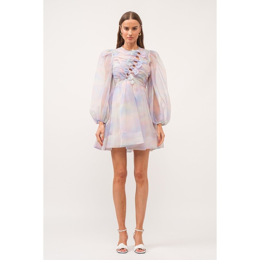 Sofie the Label Pastel Rainbow Babydoll Organza‎ Mini Dress Bow Puff Sleeve L